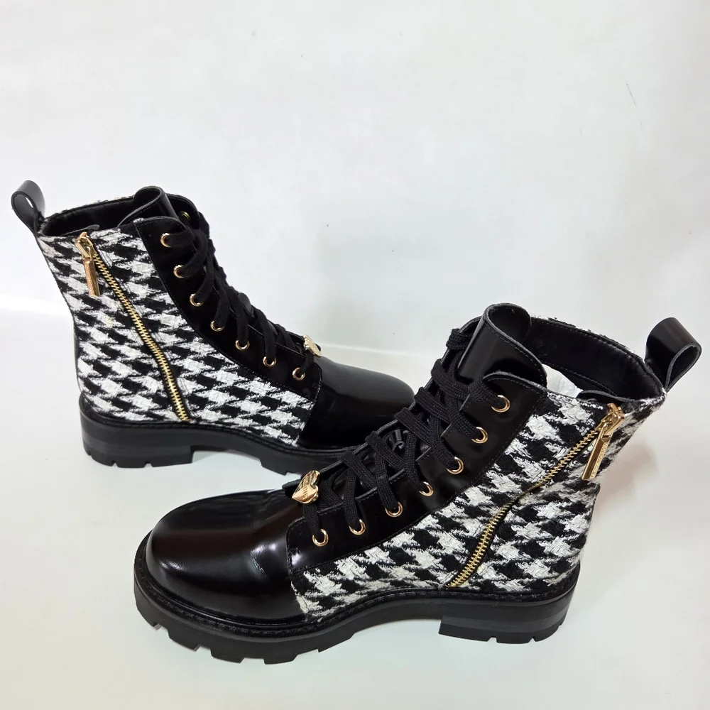 Karl Lagerfeld Paris Mela Everyday Patent Leather Houndstooth Combat Boot 7.5 - Picture 11 of 15